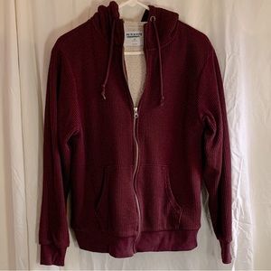 EUC Old Navy ribknit sherpa lined burgundy mens full zip hooded jacket, M